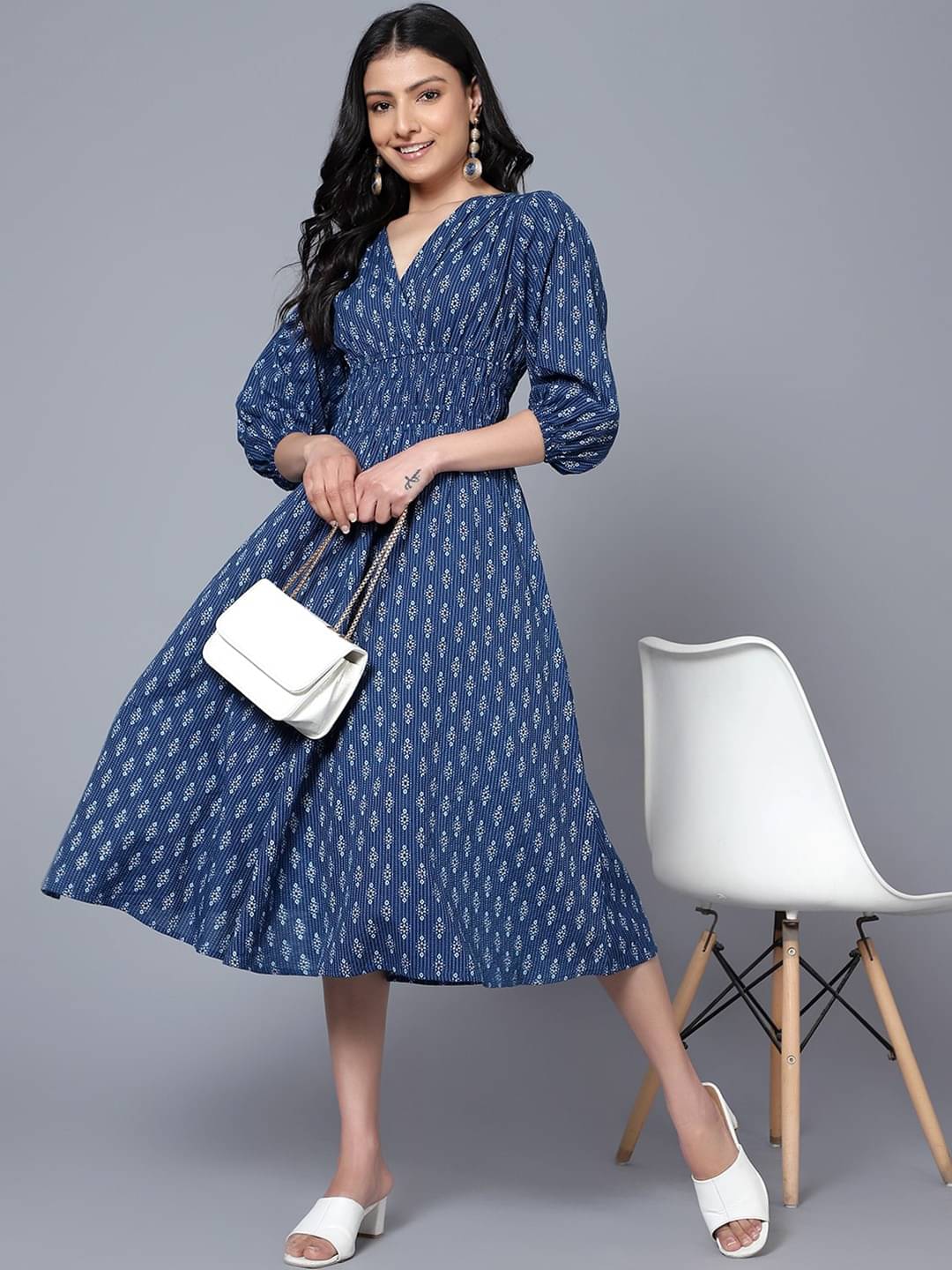 RAIYANI FASHION Women Polyester Printed Fit & Flare Dress ( Blue ) RAIYANI FASHION Women Polyester Printed Fit & Flare Dress ( Blue )