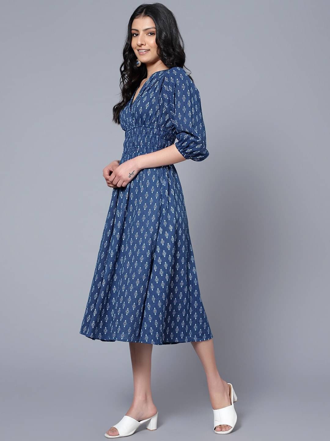 RAIYANI FASHION Women Polyester Printed Fit & Flare Dress ( Blue ) RAIYANI FASHION Women Polyester Printed Fit & Flare Dress ( Blue )