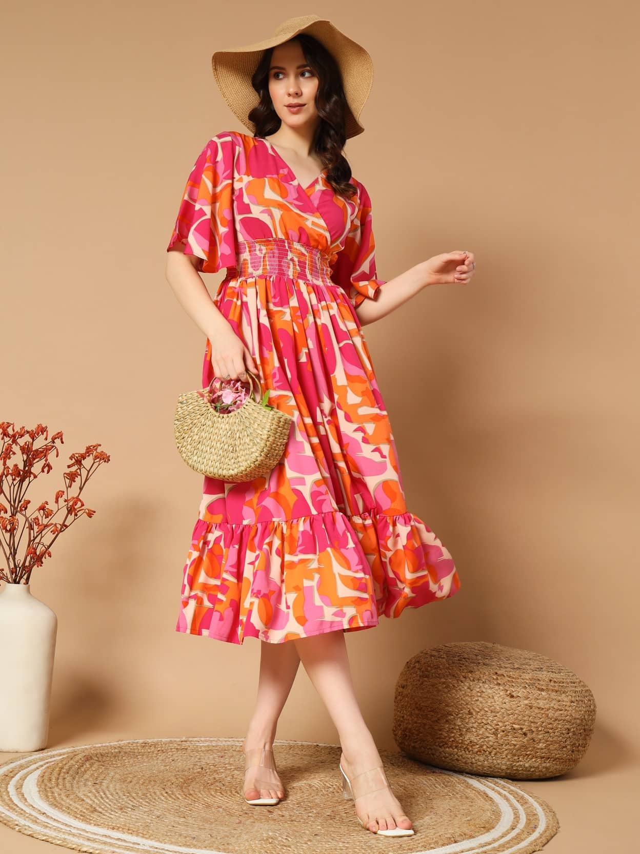 RAIYANI FASHION Women Polyester Printed Fit & Flare Dress ( Orange )