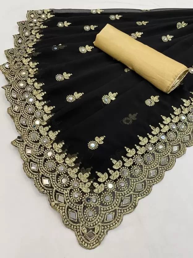 Saadhvi Georgette Embroidered Saree With Unstitched Blouse Piece ( Black )     			Saadhvi Georgette Embroidered Saree With Unstitched Blouse Piece ( Black )