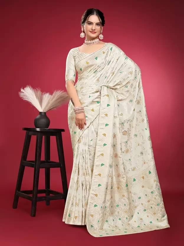 Saadhvi Silk Woven Saree With Unstitched Blouse Piece ( White ) Saadhvi Silk Woven Saree With Unstitched Blouse Piece ( White )