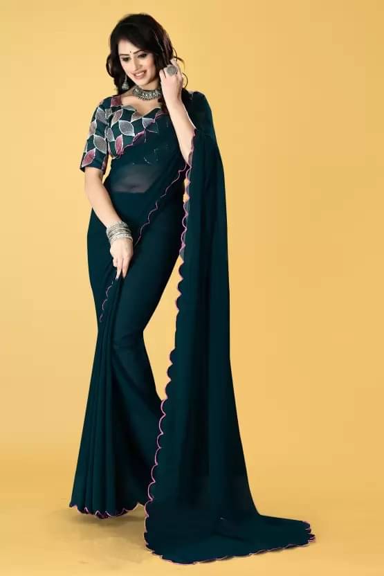 Samai Georgette Solid Saree With Unstitched Blouse Piece ( Rama ) Samai Georgette Solid Saree With Unstitched Blouse Piece ( Rama )