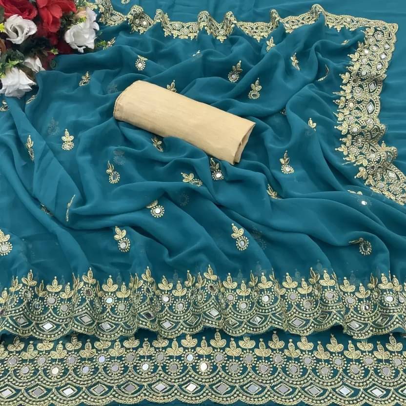 Samai Georgette Embroidered Saree With Unstitched Blouse Piece ( Rama ) Samai Georgette Embroidered Saree With Unstitched Blouse Piece ( Rama )