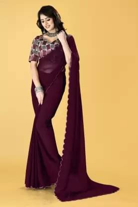 Samai Georgette Solid Saree With Unstitched Blouse Piece ( Wine ) Samai Georgette Solid Saree With Unstitched Blouse Piece ( Wine )