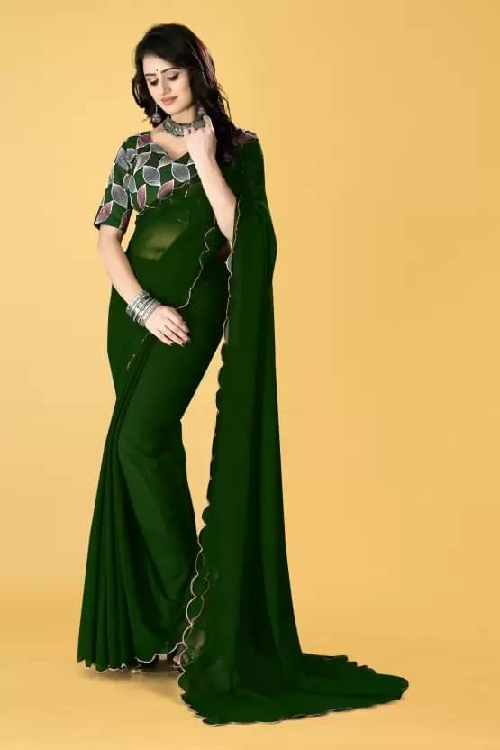 Samai Georgette Solid Saree With Unstitched Blouse Piece ( Green ) Samai Georgette Solid Saree With Unstitched Blouse Piece ( Green )