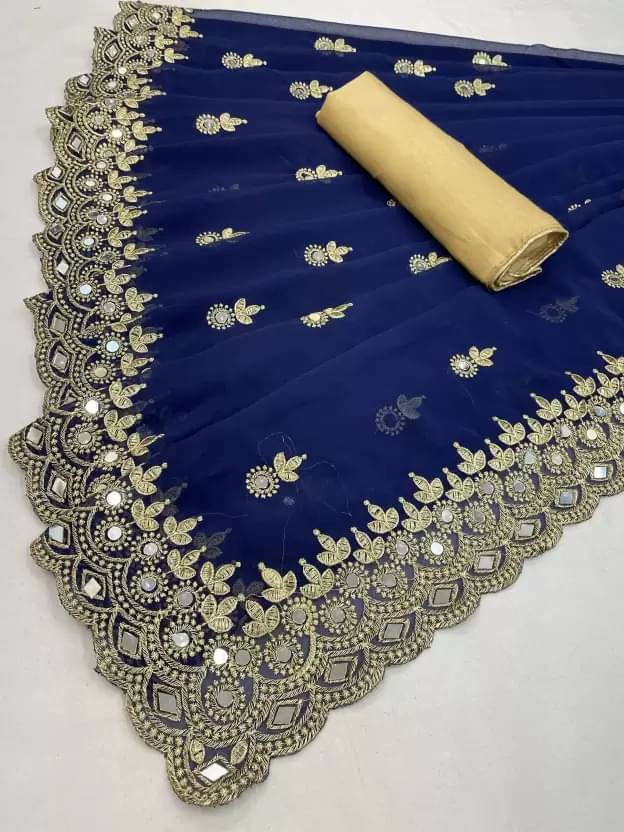 Samai Georgette Embroidered Saree With Unstitched Blouse Piece ( Navy Blue ) Samai Georgette Embroidered Saree With Unstitched Blouse Piece ( Navy Blue )
