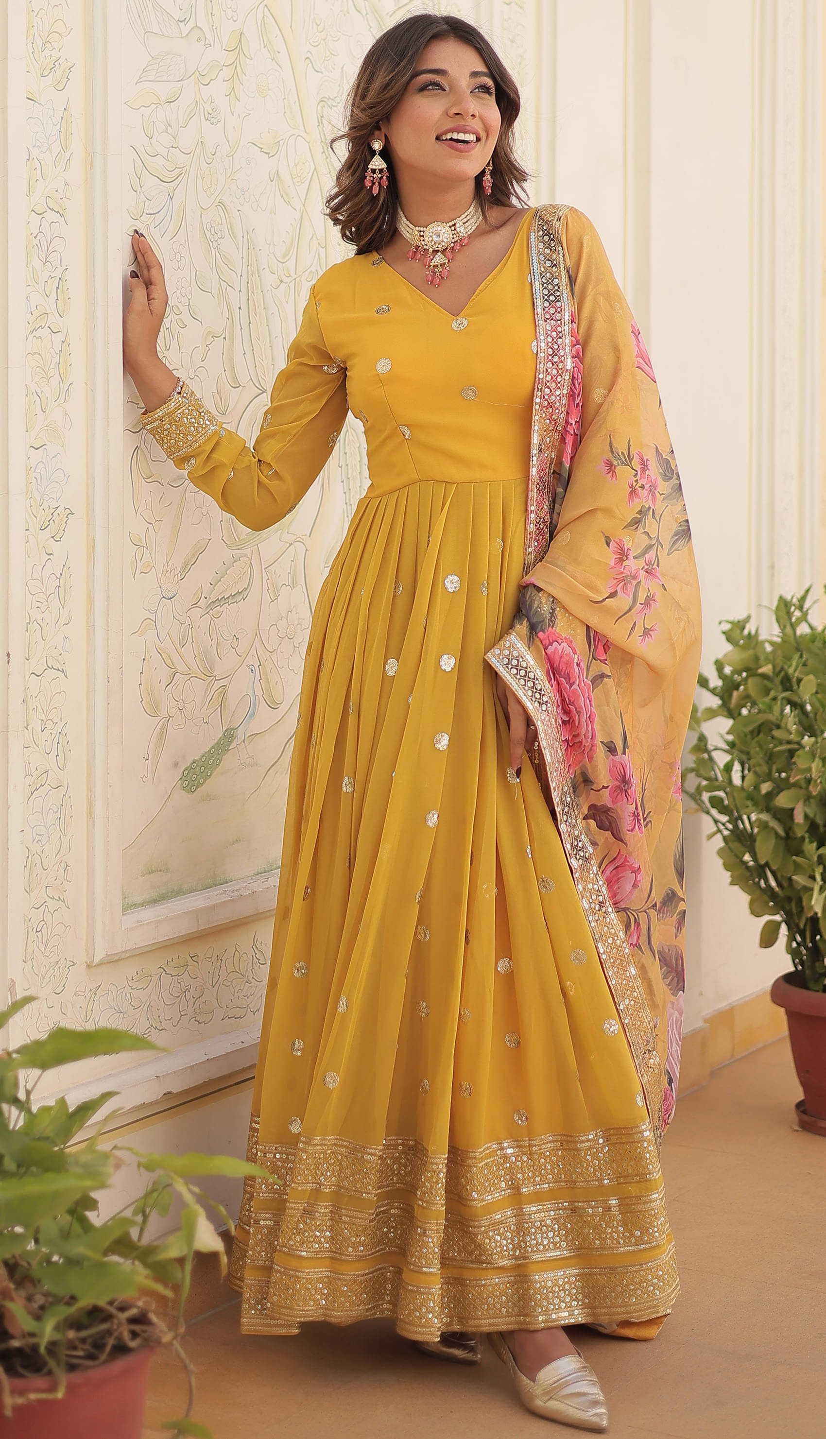 Trijal Fab Yellow Anarkali Georgette Women's Stitched Ethnic Gown ( Pack of 1 ) Trijal Fab Yellow Anarkali Georgette Women's Stitched Ethnic Gown ( Pack of 1 )