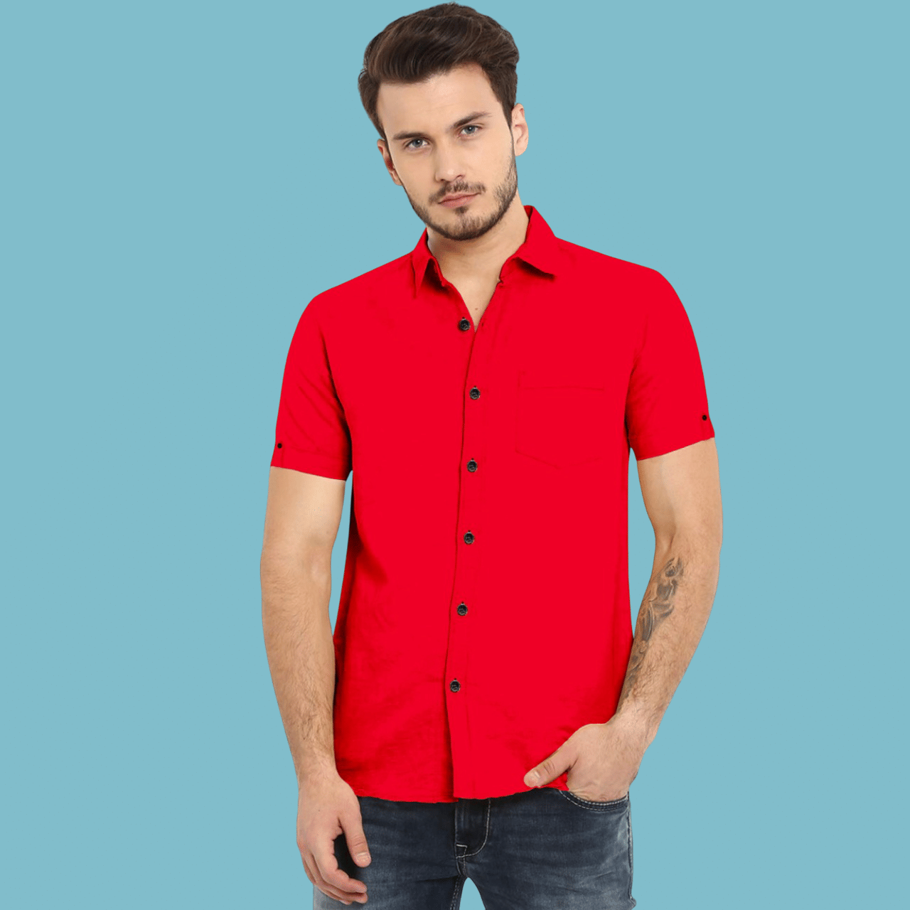 VTEXX Cotton Blend Regular Fit Solids Half Sleeves Men's Casual Shirt - Red ( Pack of 1 )     			VTEXX Cotton Blend Regular Fit Solids Half Sleeves Men's Casual Shirt - Red ( Pack of 1 )