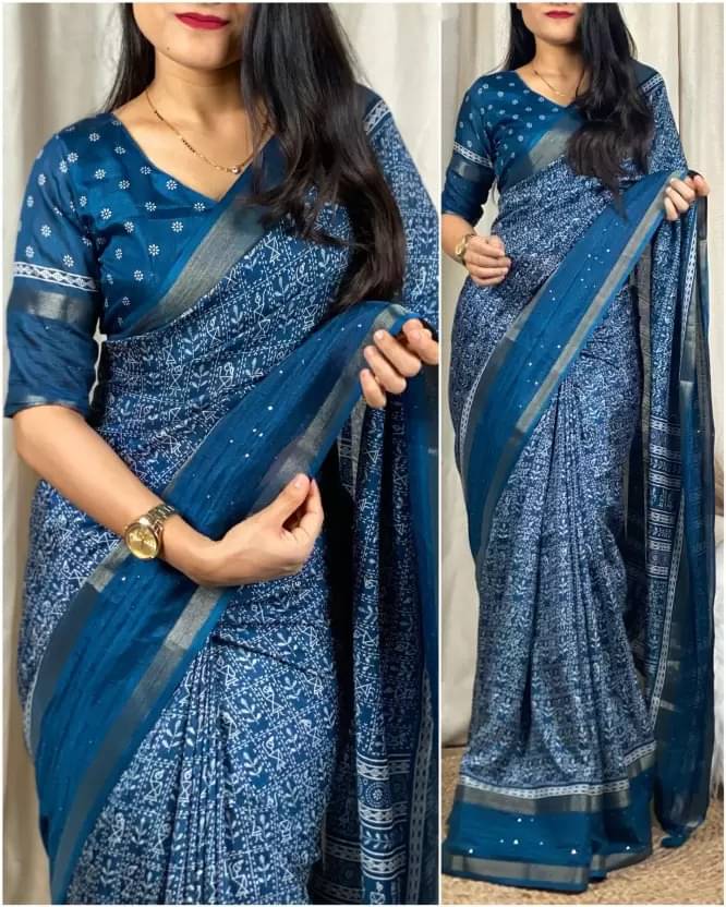     			Vkaran Cotton Silk Printed Saree With Unstitched Blouse Piece ( Blue )