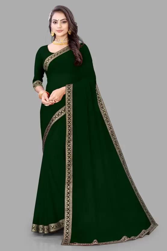 Vkaran Georgette Solid Saree With Unstitched Blouse Piece ( Green ) - Sarees | Buy online on ZillyBuy
