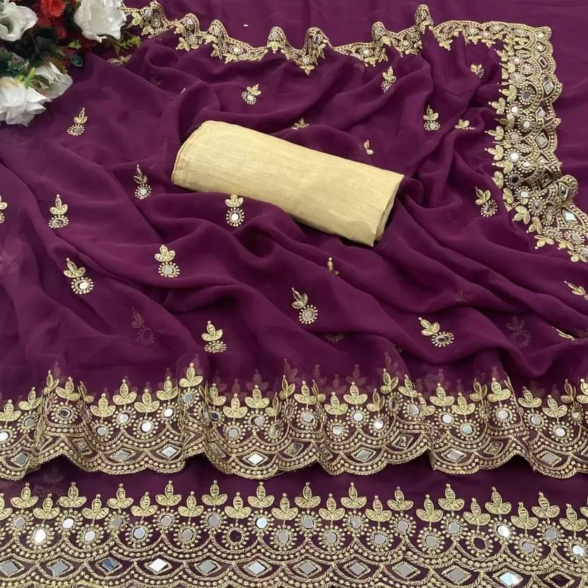 Vkaran Georgette Embroidered Saree With Unstitched Blouse Piece ( Wine ) Vkaran Georgette Embroidered Saree With Unstitched Blouse Piece ( Wine )