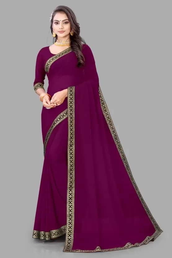 Vkaran Georgette Solid Saree With Unstitched Blouse Piece ( Purple ) - Sarees | Buy online on ZillyBuy