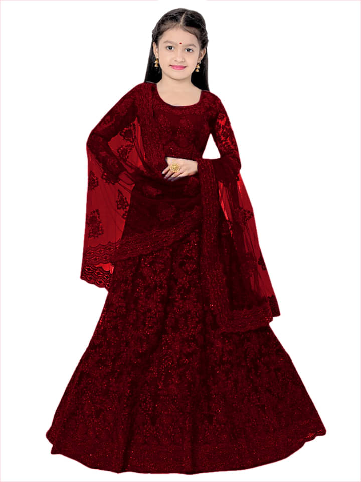     			piludi Net Lehenga Choli Set For Girls ( Pack of 1 , Maroon )