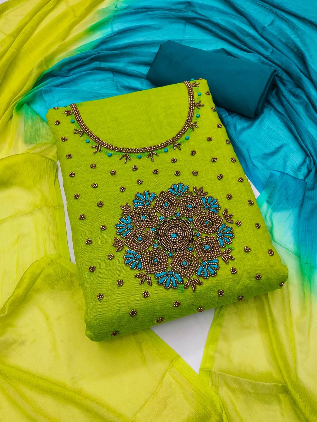 ALSHOP Unstitched Chanderi Embellished Dress Material - Mint Green ( Pack of 1 ) ALSHOP Unstitched Chanderi Embellished Dress Material - Mint Green ( Pack of 1 )