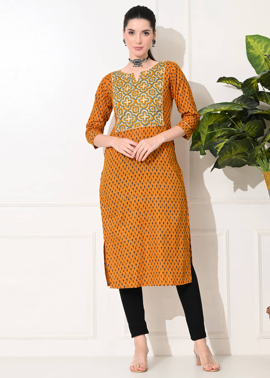 AMTHI Pack of 1 100% Cotton Self Design A-line Women's Kurti - ( Mustard ) AMTHI Pack of 1 100% Cotton Self Design A-line Women's Kurti - ( Mustard )