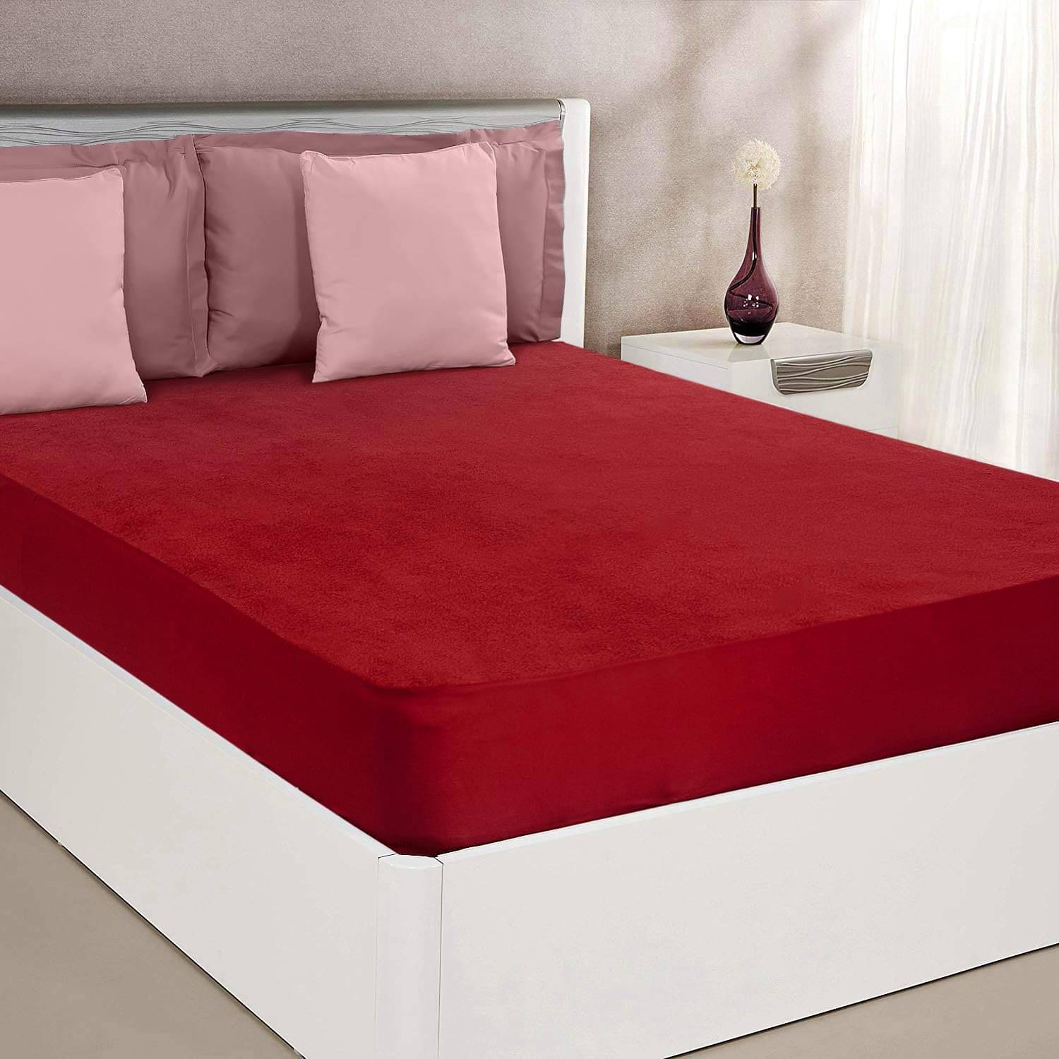     			GURU SALES - Cotton Terry Water Proof Double King Size Mattress Protector - 198 cm (78") x 183 cm (72") - Maroon