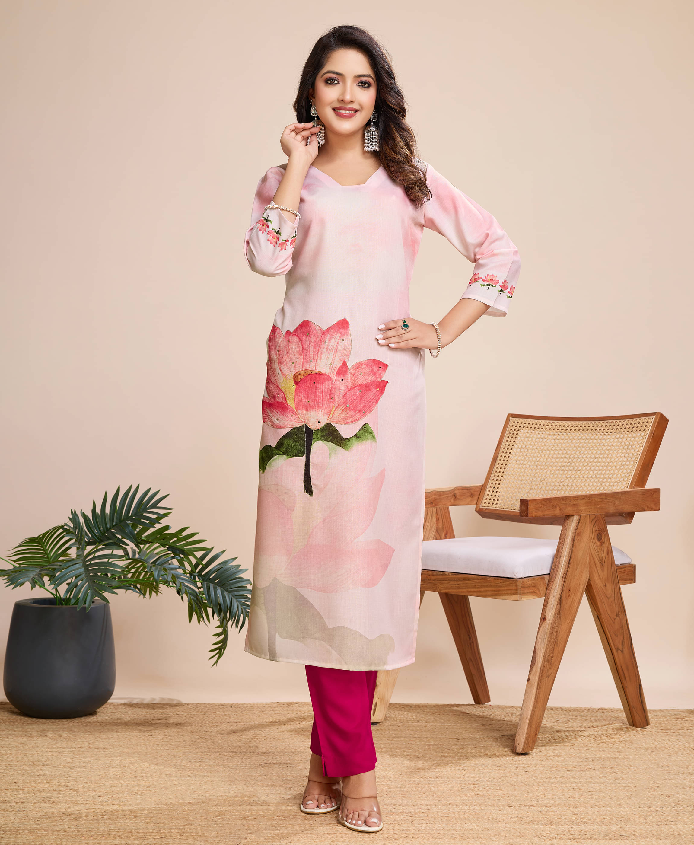 MOJILAA Linen Printed Kurti With Pants Women's Stitched Salwar Suit - Pink ( Pack of 1 ) MOJILAA Linen Printed Kurti With Pants Women's Stitched Salwar Suit - Pink ( Pack of 1 )