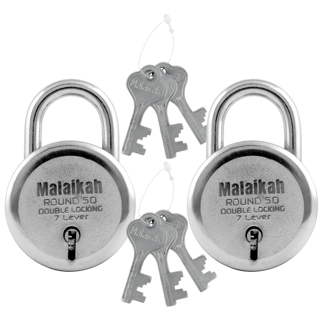 Malaikah Round 50mm Double Locking 7 Lever Comes With 3 Keys Pack Of 2     			Malaikah Round 50mm Double Locking 7 Lever Comes With 3 Keys Pack Of 2