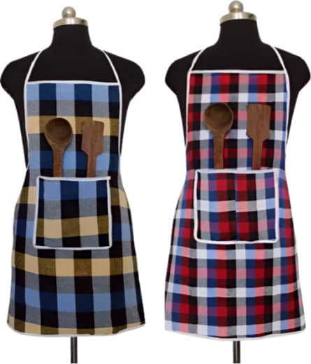 Sanraksshan Cotton Checks Kitchen Apron with 1 Center Pocket ( Pack of 2 )