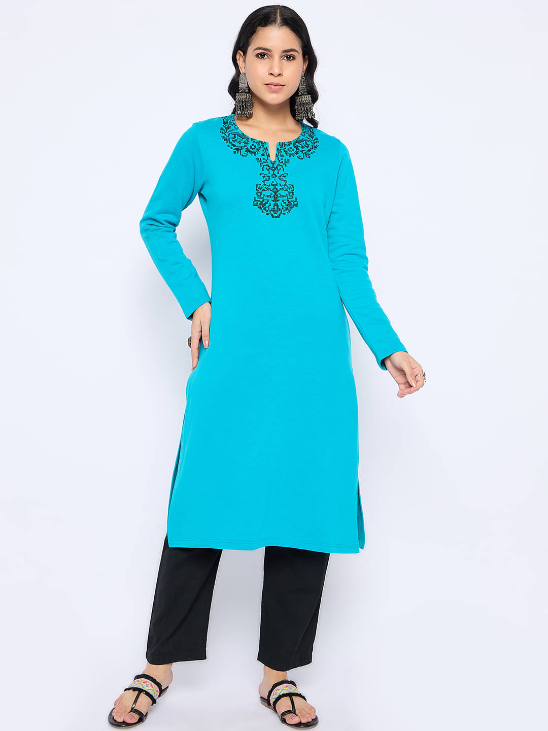 VIAZAA Pack of 1 Acrylic Embroidered A-line Women's Kurti - ( Aqua Blue )     			VIAZAA Pack of 1 Acrylic Embroidered A-line Women's Kurti - ( Aqua Blue )