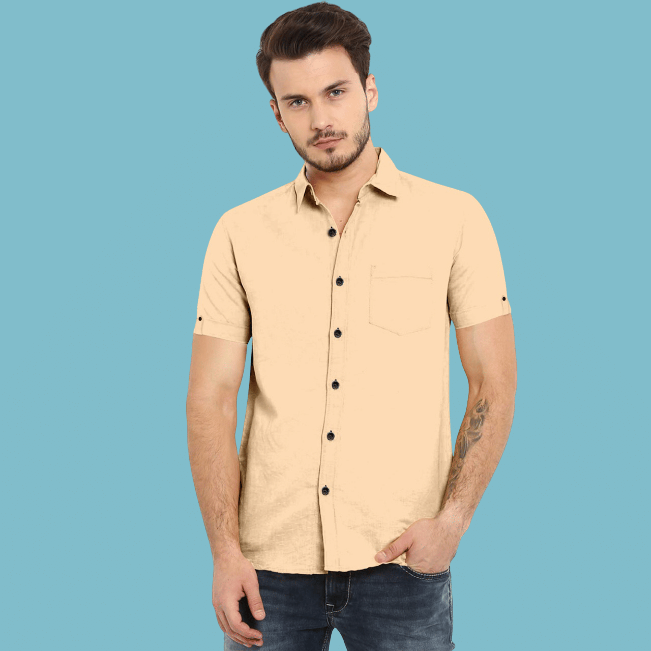 VTEXX Cotton Blend Regular Fit Solids Half Sleeves Men's Casual Shirt - Beige ( Pack of 1 )     			VTEXX Cotton Blend Regular Fit Solids Half Sleeves Men's Casual Shirt - Beige ( Pack of 1 )