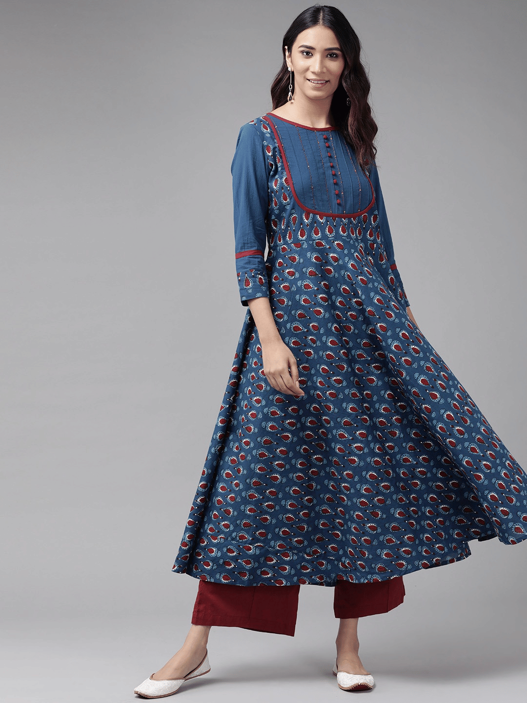 Yash Gallery Pack of 1 Cotton Printed Anarkali Women's Kurti - ( Blue ) Yash Gallery Pack of 1 Cotton Printed Anarkali Women's Kurti - ( Blue )