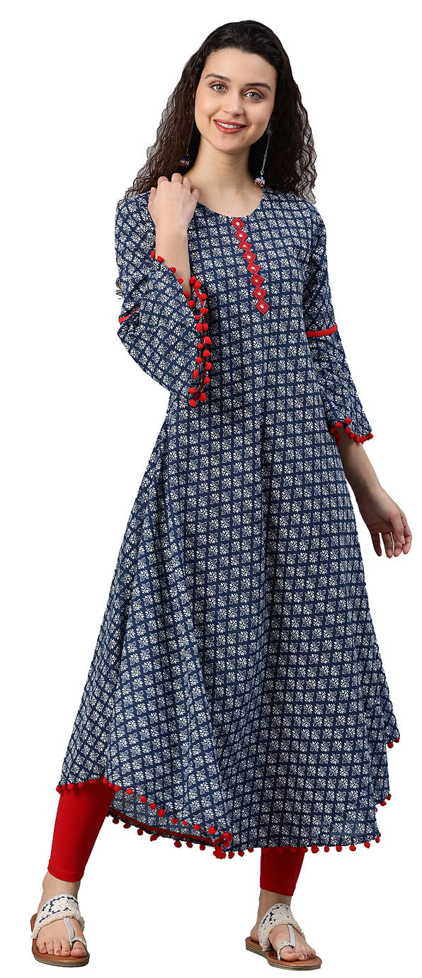 Yash Gallery Pack of 1 Cotton Printed A-line Women's Kurti - ( Blue ) Yash Gallery Pack of 1 Cotton Printed A-line Women's Kurti - ( Blue )