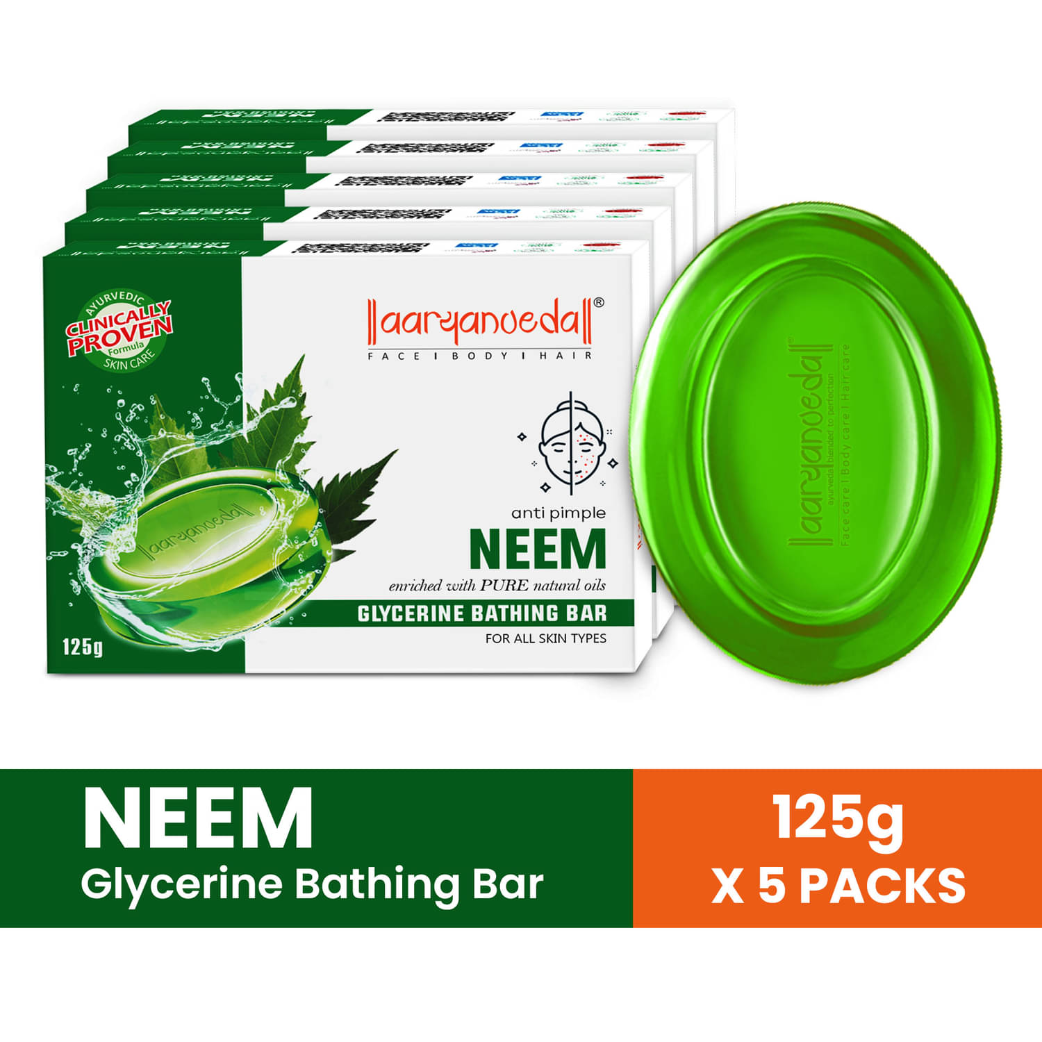 Aaryanveda Antibacterial Neem Glycerine Soap Bathing Bar for All Skin Type ( Pack of 5 )     			Aaryanveda Antibacterial Neem Glycerine Soap Bathing Bar for All Skin Type ( Pack of 5 )