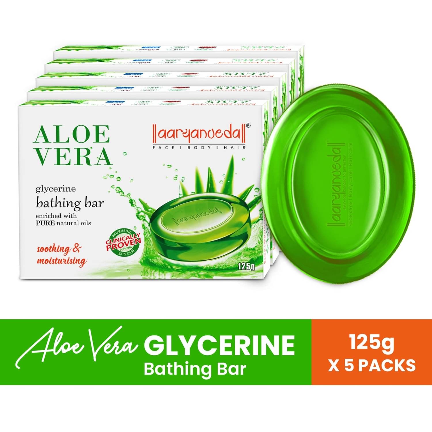     			Aaryanveda Moisturizing Aloe Vera Glycerine Soap Bathing Bar, 125gm each ( Pack of 5)