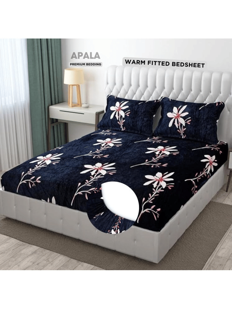 Apala Woollen Floral Printed Fitted Fitted bedsheet with 2 Pillow Covers ( King Size ) - Dark Blue