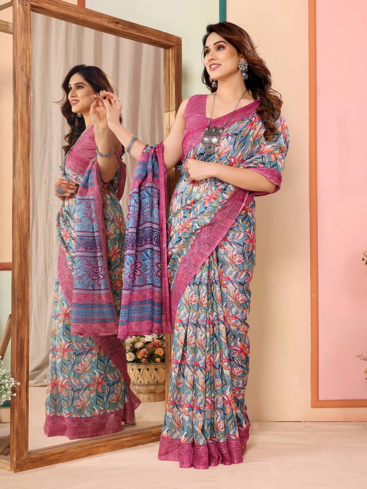     			DIKONA DESIGNER Cotton Printed Saree With Unstitched Blouse Piece ( Pink )