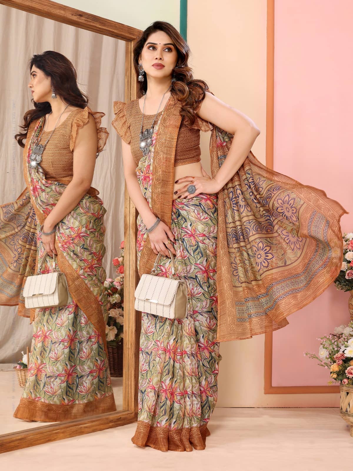 DIKONA DESIGNER Cotton Printed Saree With Unstitched Blouse Piece ( Coffee ) - Sarees | Buy online on ZillyBuy