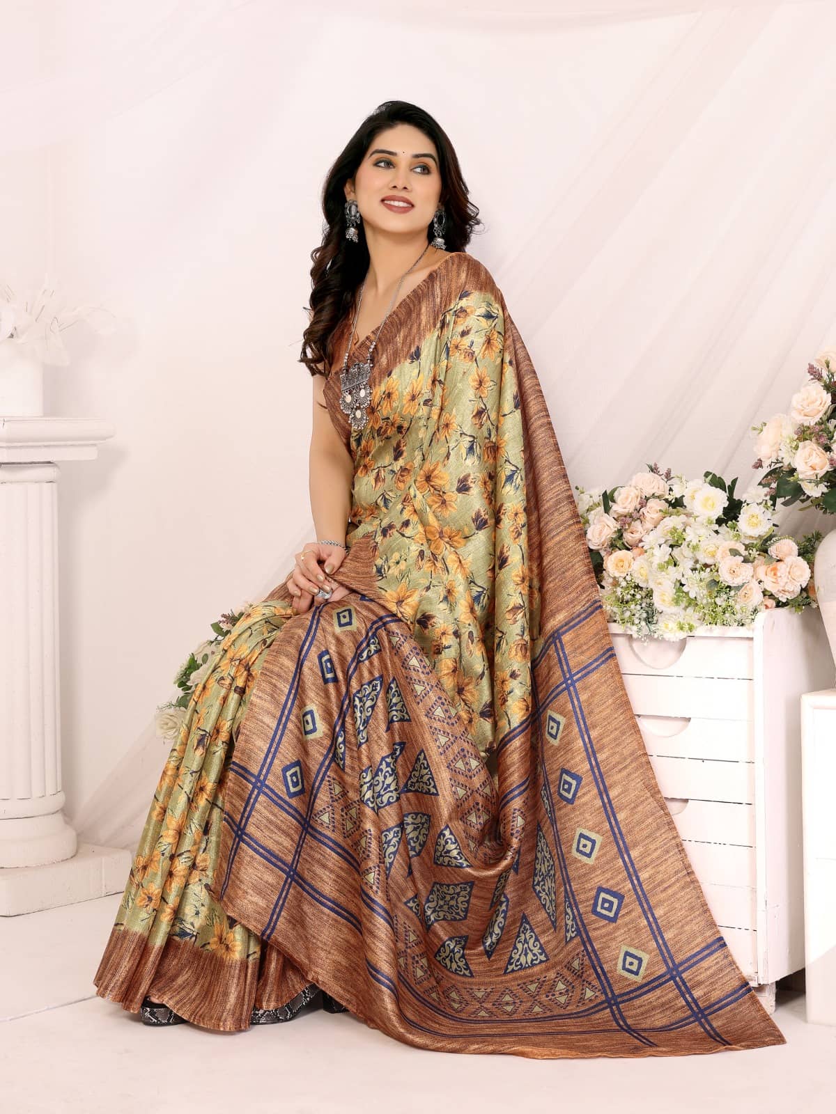 DIKONA DESIGNER Mysore Silk Printed Saree With Unstitched Blouse Piece ( Grey ) - Sarees | Buy online on ZillyBuy