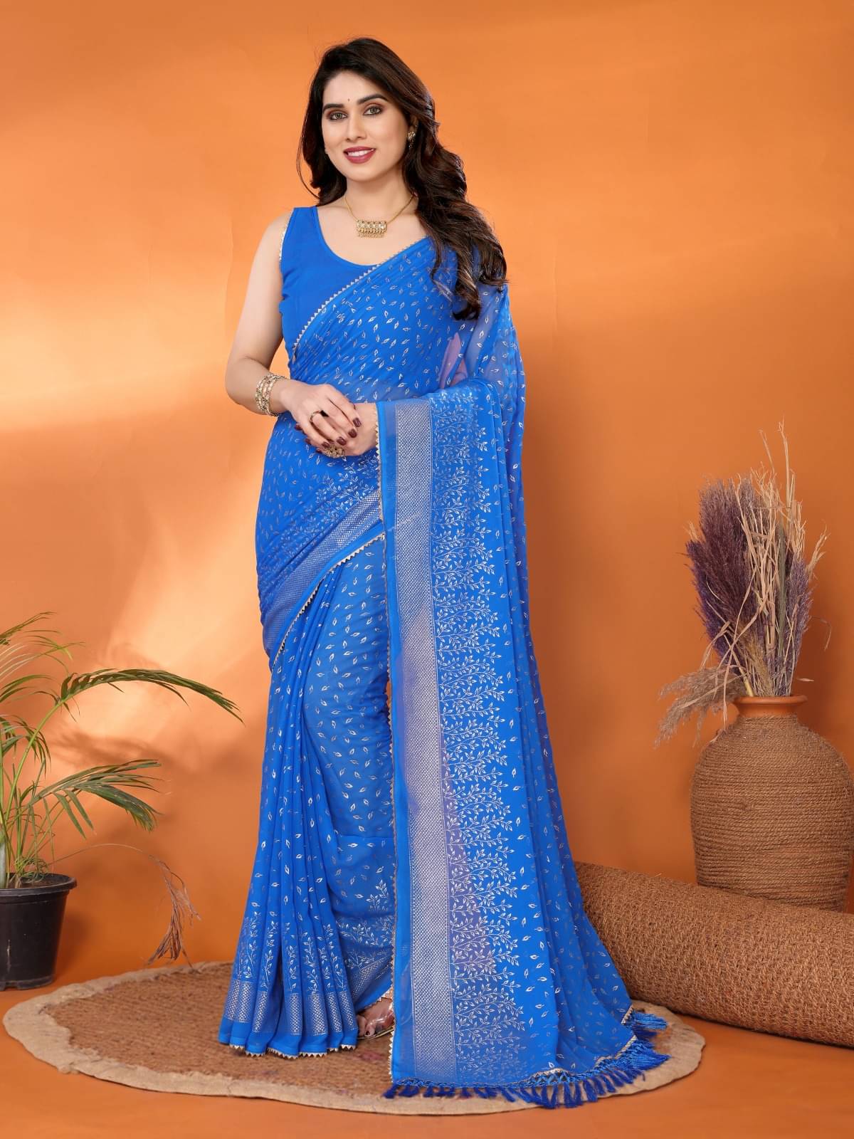 DIKONA DESIGNER Georgette Applique Saree With Unstitched Blouse Piece ( Blue ) DIKONA DESIGNER Georgette Applique Saree With Unstitched Blouse Piece ( Blue )