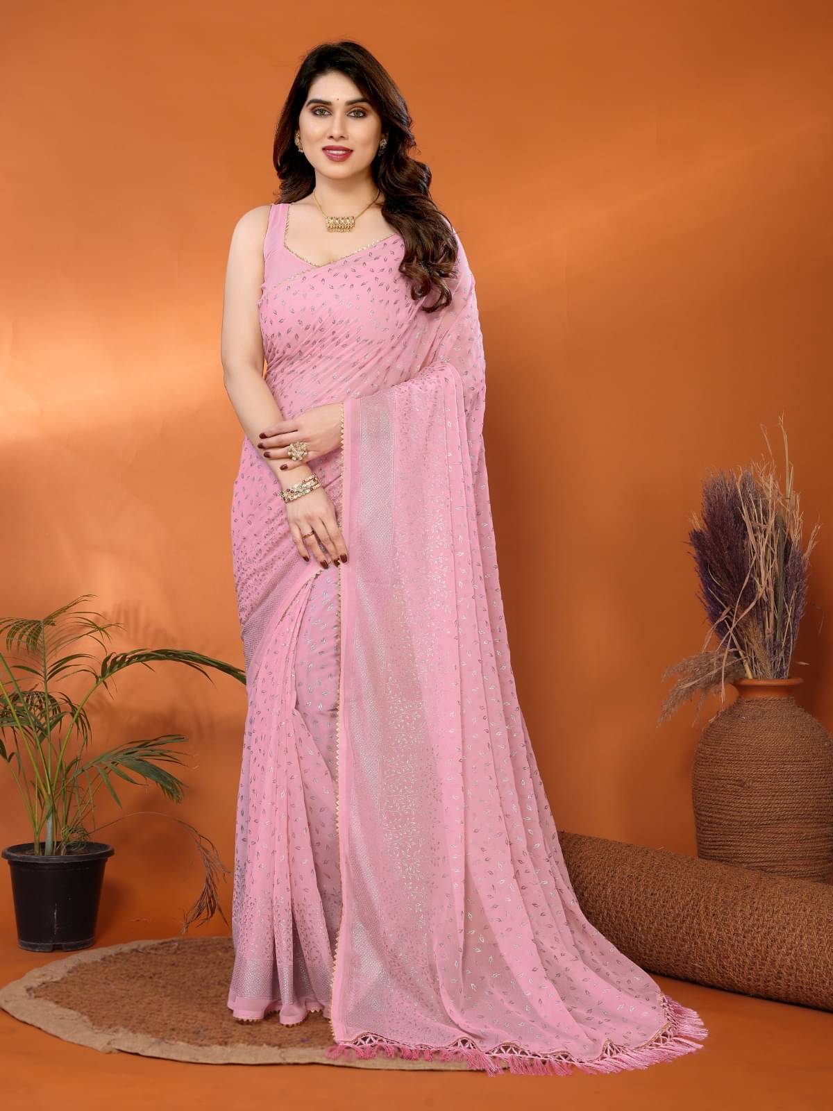     			DIKONA DESIGNER Georgette Applique Saree With Unstitched Blouse Piece ( Pink )