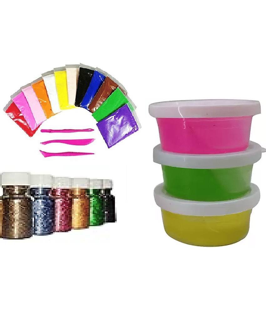 Freedy 3 Crystal Slime and 12 Air Dry Clay Non-Toxic Combo with Free Glitter and Tools for Kids Boys and Girls Party Set/Mud Stress Relief Toy Multicolored Putty Toys for Kids - Stationery | Buy online on ZillyBuy