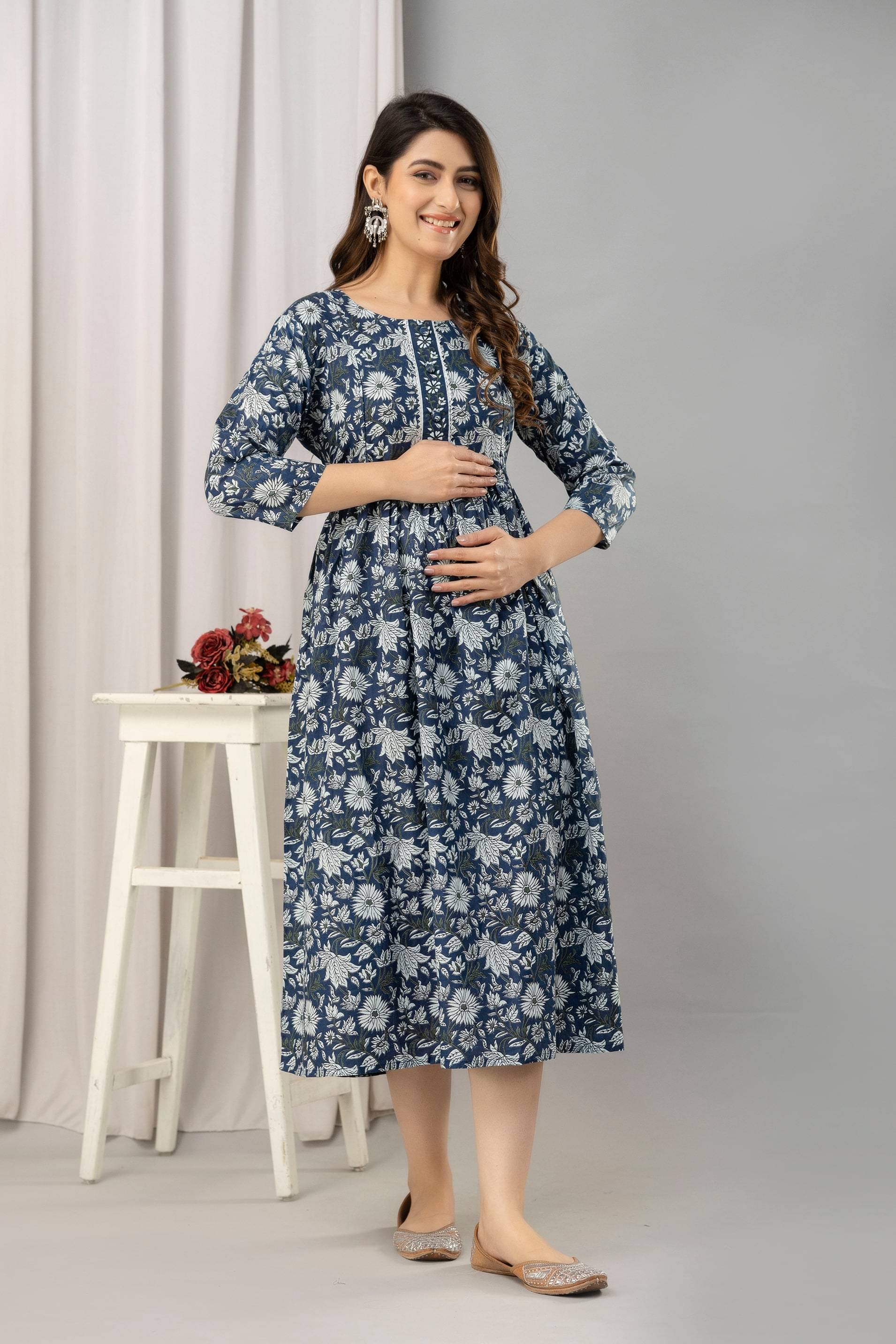 Frionkandy Blue Cotton Women's Maternity Dress ( Pack of 1 ) Frionkandy Blue Cotton Women's Maternity Dress ( Pack of 1 )