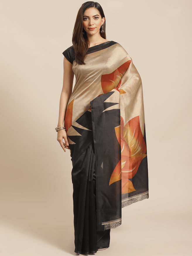 Grubstaker Art Silk Printed Saree With Unstitched Blouse Piece ( Black ) Grubstaker Art Silk Printed Saree With Unstitched Blouse Piece ( Black )
