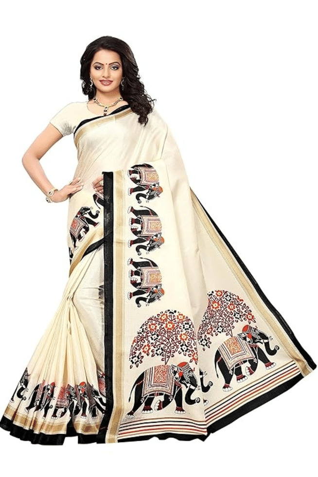 Grubstaker Art Silk Printed Saree With Unstitched Blouse Piece ( White ) Grubstaker Art Silk Printed Saree With Unstitched Blouse Piece ( White )