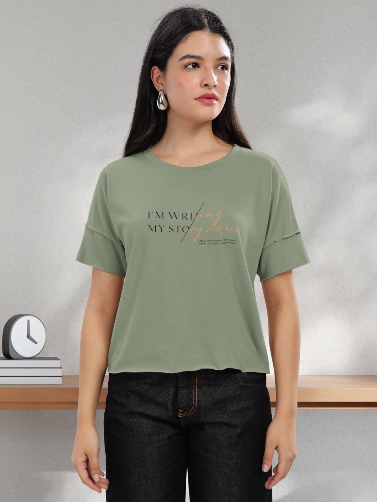    			HELLCAT Women Cotton Blend Printed Regular Fit Round Neck T-Shirt ( Olive )