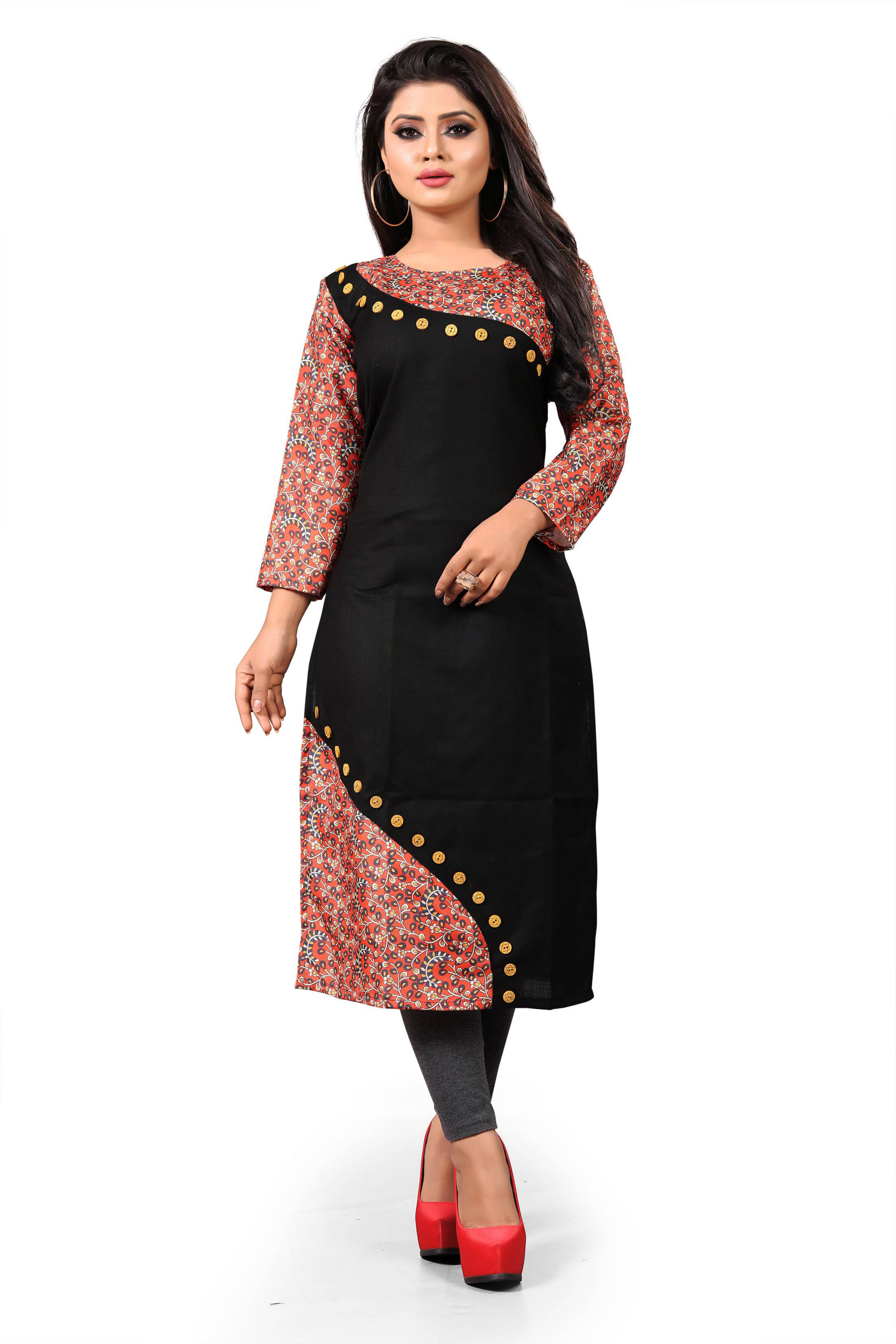     			HF Holyday Fashion Pack of 1 Cotton Printed Straight Women's Kurti - ( Black )