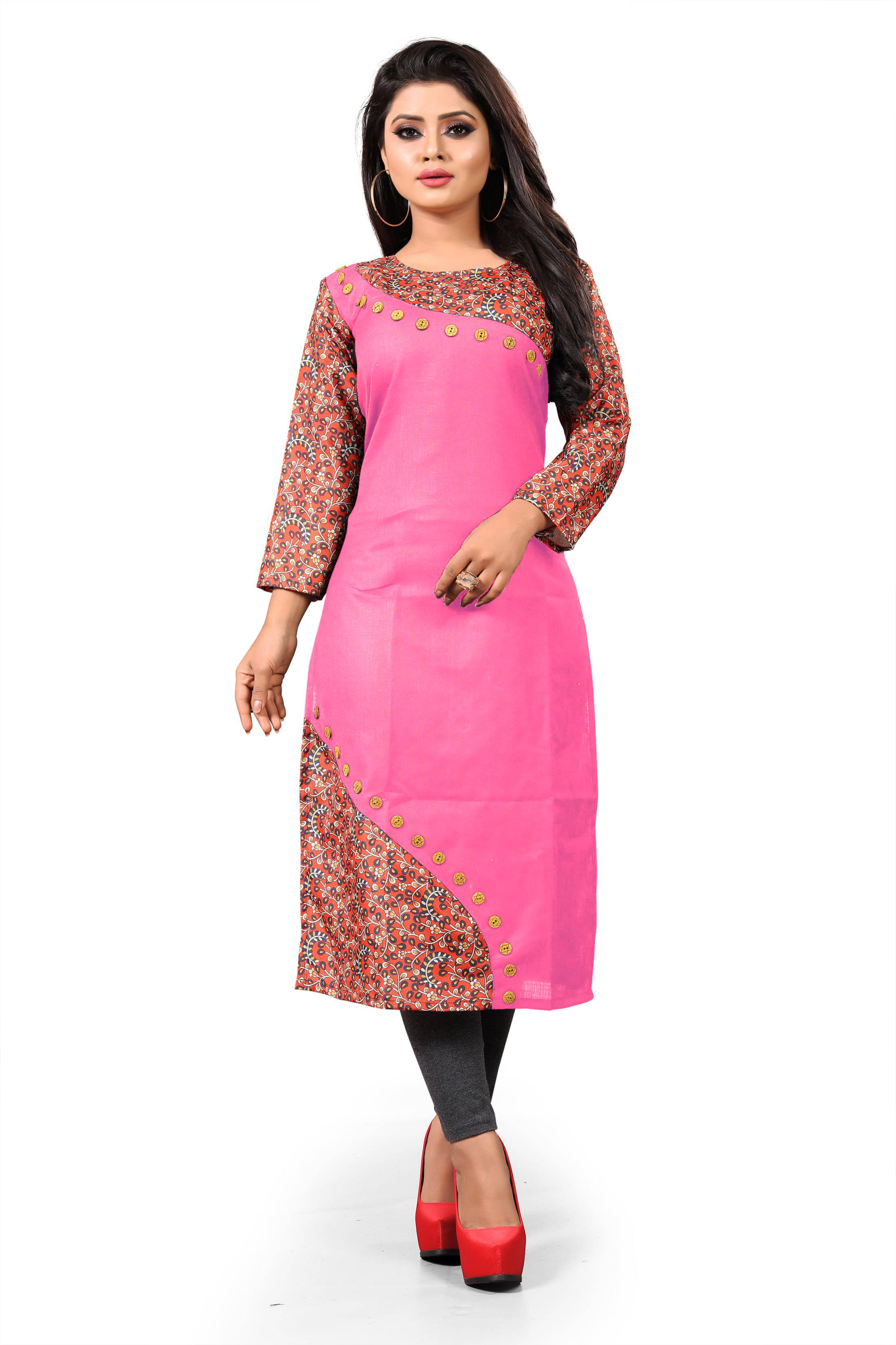     			HF Holyday Fashion Pack of 1 Cotton Printed Straight Women's Kurti - ( Pink )
