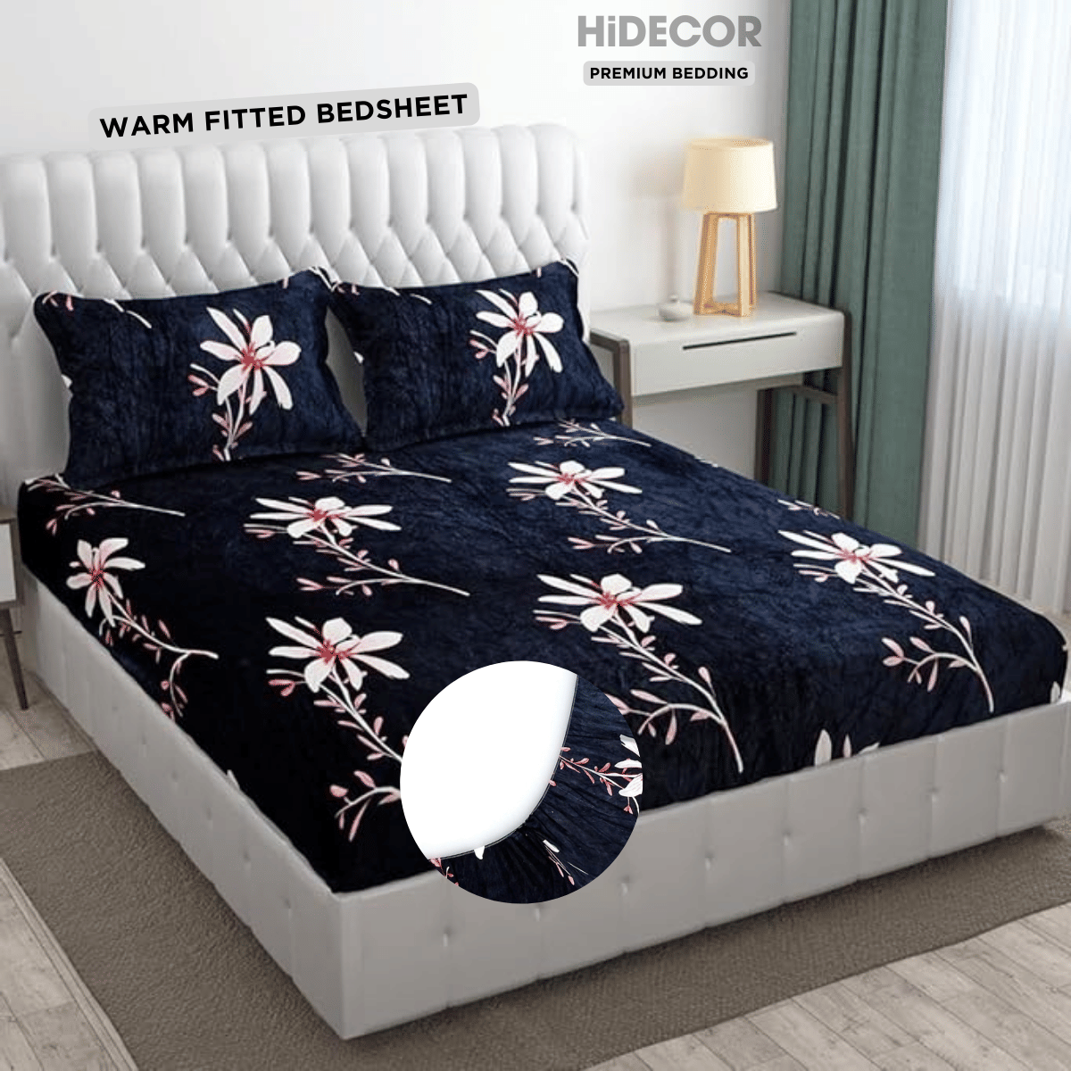     			HIDECOR Woollen Floral Printed Fitted Fitted bedsheet with 2 Pillow Covers ( King Size ) - Dark Blue