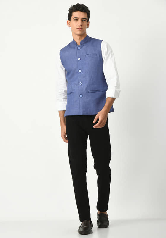 IndiWeaves Light Blue Cotton Blend Men's Nehru Jacket ( Pack of 1 ) - Jackets & Coats | Buy online on ZillyBuy