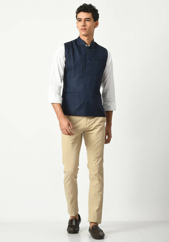 IndiWeaves Navy Blue Cotton Blend Men's Nehru Jacket ( Pack of 1 ) - Jackets & Coats | Buy online on ZillyBuy