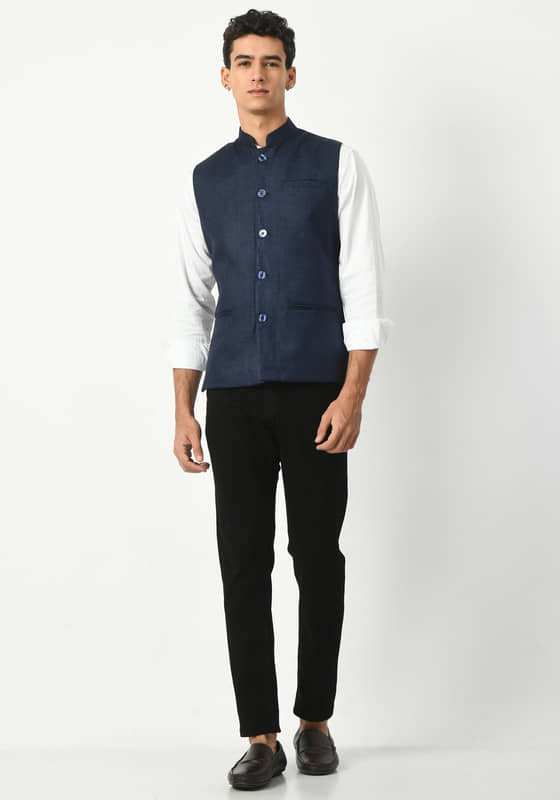 IndiWeaves Navy Cotton Blend Men's Nehru Jacket ( Pack of 1 ) - Jackets & Coats | Buy online on ZillyBuy
