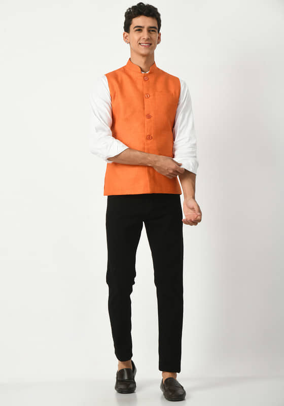 IndiWeaves Orange Cotton Blend Men's Nehru Jacket ( Pack of 1 ) - Jackets & Coats | Buy online on ZillyBuy
