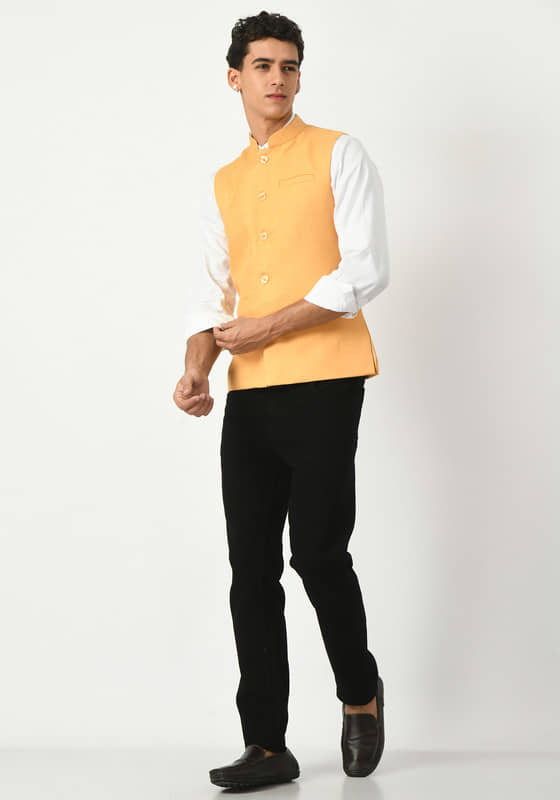 IndiWeaves Yellow Cotton Blend Men's Nehru Jacket ( Pack of 1 ) - Jackets & Coats | Buy online on ZillyBuy