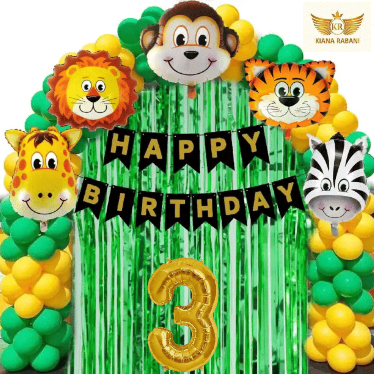     			KR 3RD HAPPY BIRTHDAY PARTY DECORATION WITH HAPPY BIRTHDAY BLACK GOLD BANNER (13), 15 GREEN 15 GOLD BALLOON, 5 ANIMAL FACE BALLOON, 2 GREEN CURTAIN, 1 ARCH, 3 NO. GOLD FOIL BALLOON