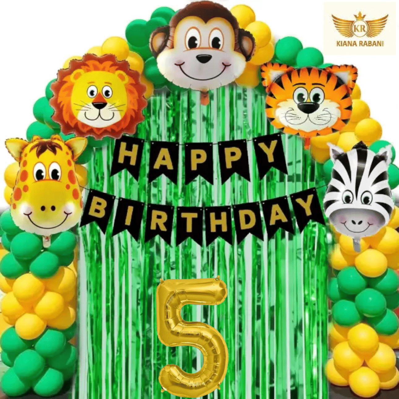     			KR 5TH HAPPY BIRTHDAY PARTY DECORATION WITH HAPPY BIRTHDAY BLACK GOLD BANNER (13), 15 GREEN 15 GOLD BALLOON, 5 ANIMAL FACE BALLOON, 2 GREEN CURTAIN, 1 ARCH, 5 NO. GOLD FOIL BALLOON